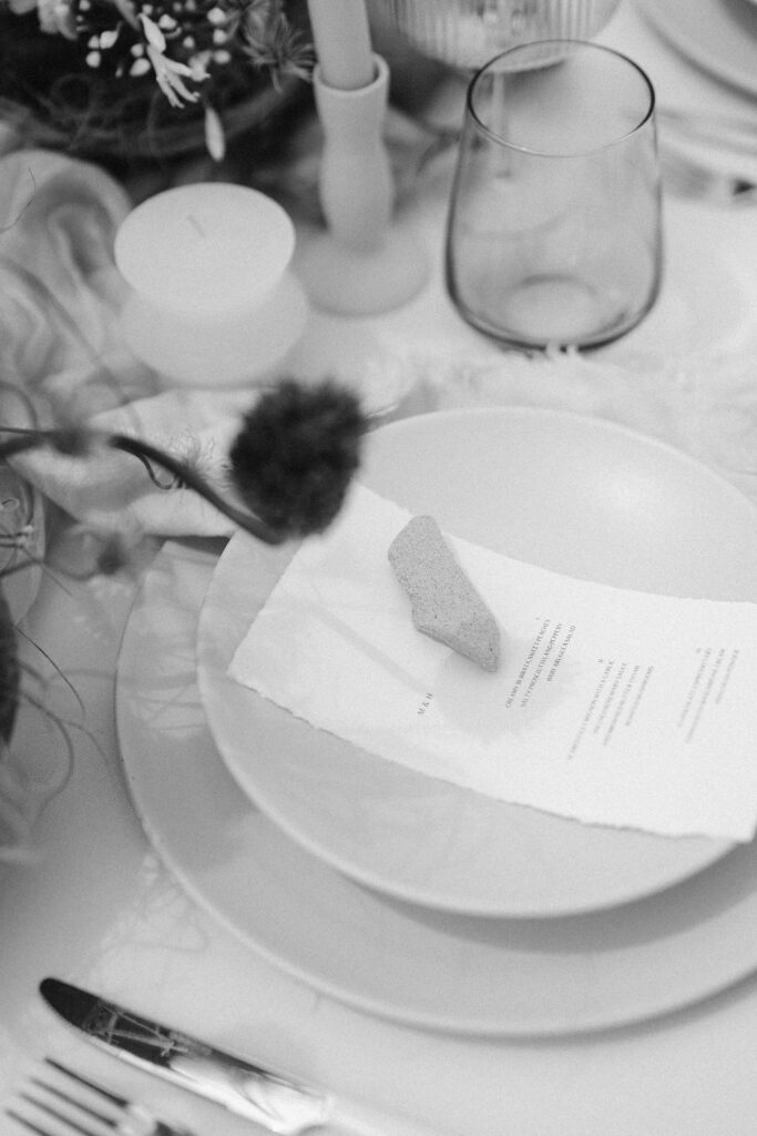 Micro wedding reception table place setting in Amangiri in the southern Utah desert. 