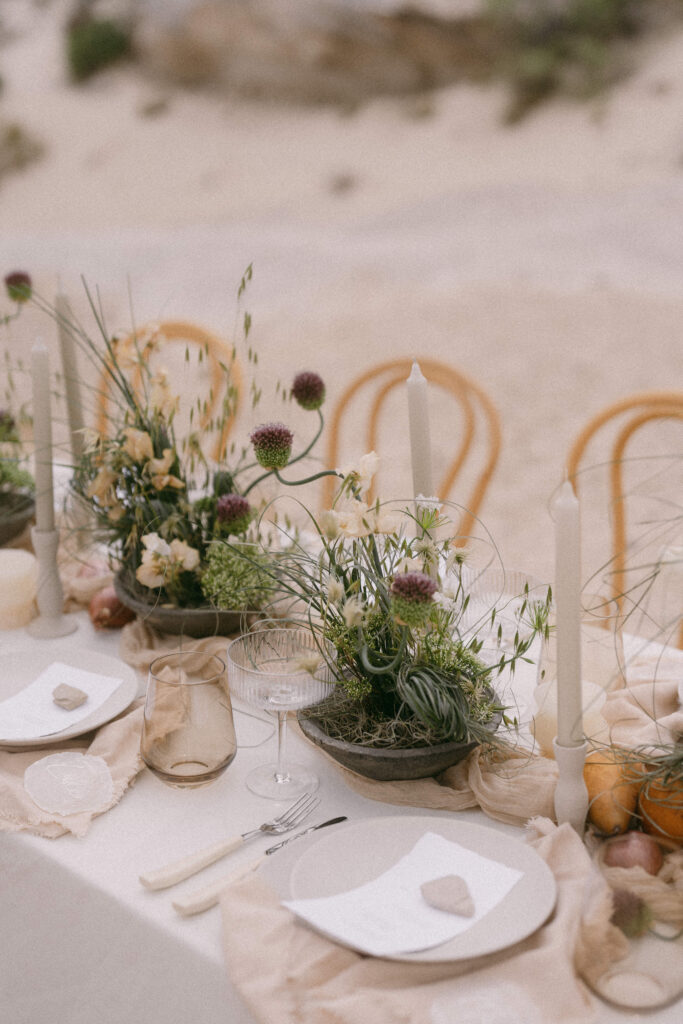 Vendors that specialize in micro weddings seamlessly executed this intimate wedding reception tablescape in the desert. 