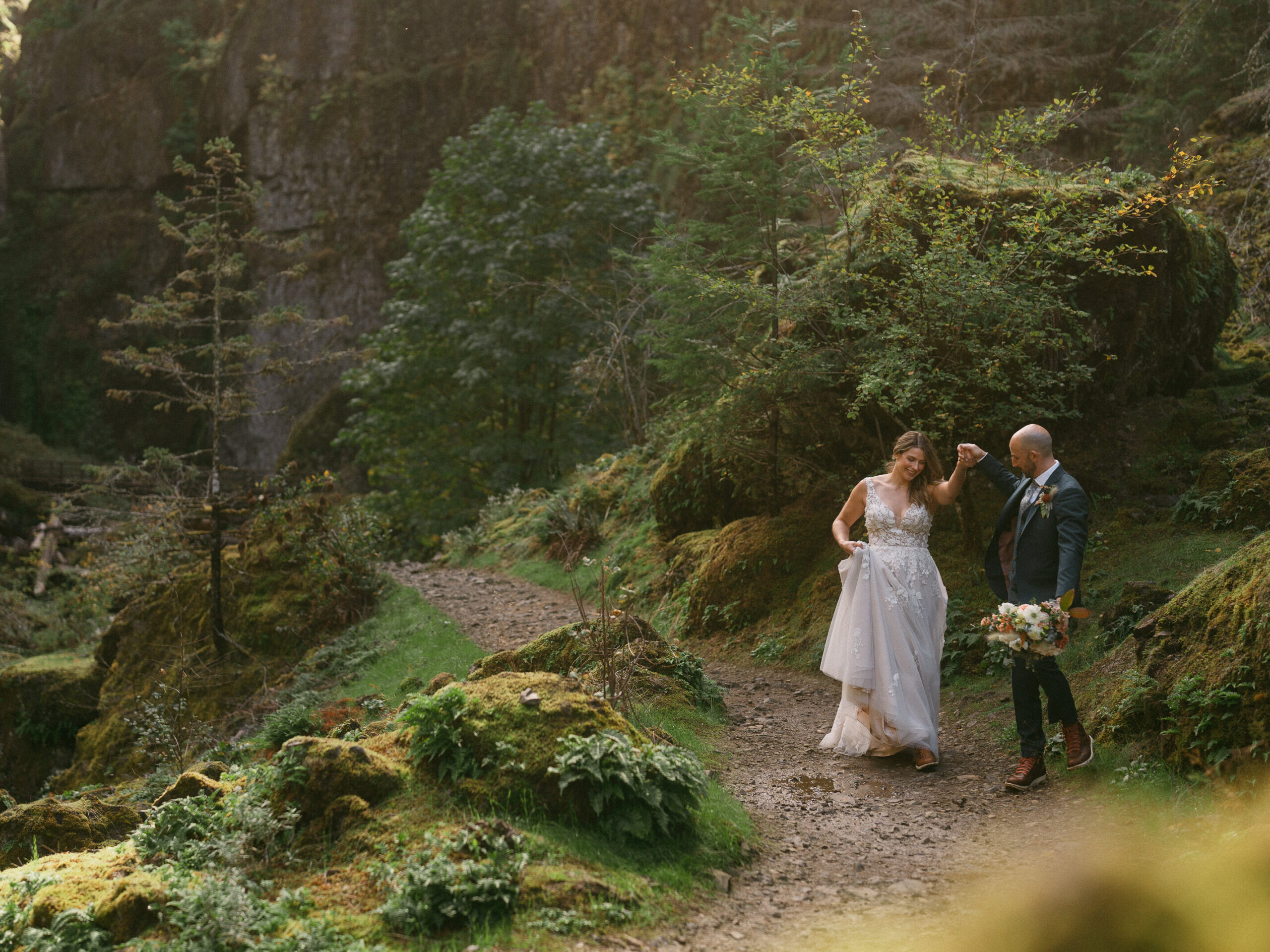 A couple enjoying intentional time together during their stress-free wedding in the Columbia River Gorge.