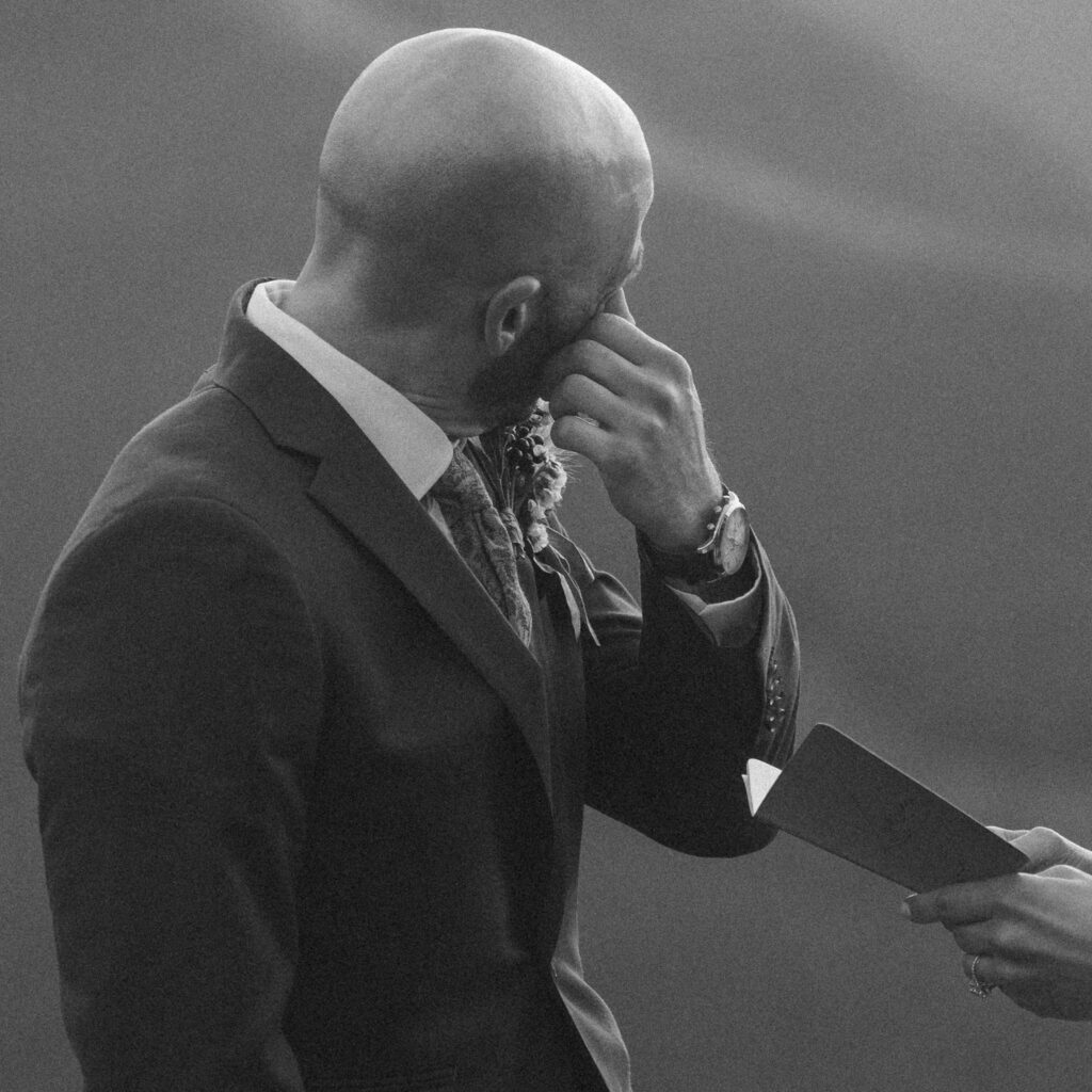 A couple during their emotional wedding ceremony in the Columbia River Gorge.