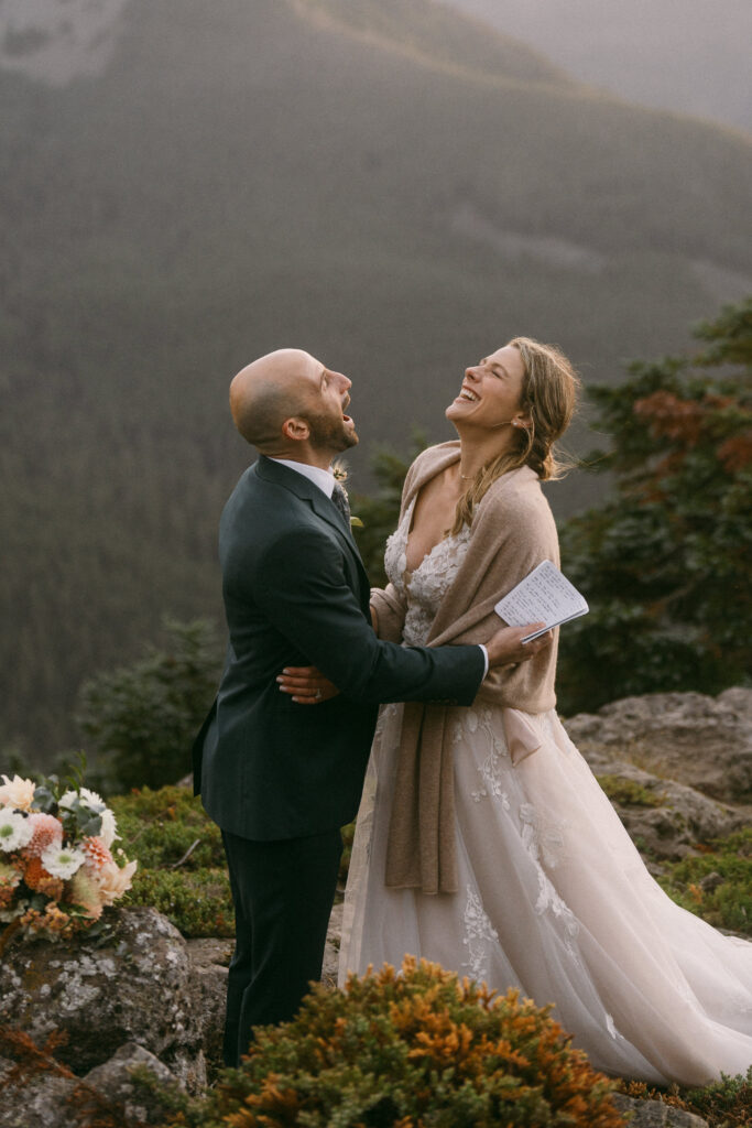 A couple during their private wedding ceremony in the Columbia River Gorge.