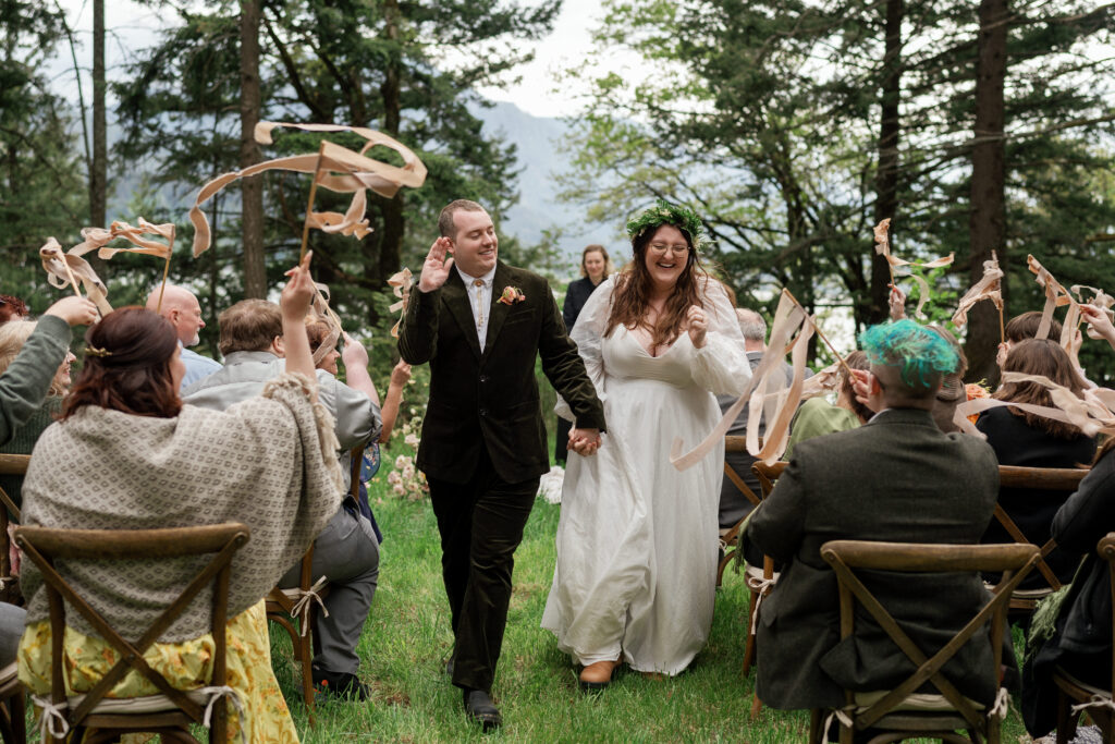 ribbon wand exit at small wedding ceremony in oregon