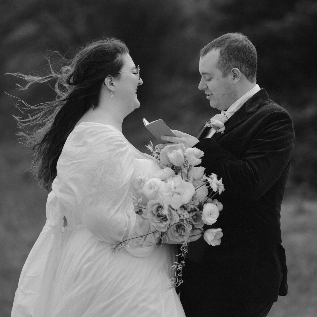 black and white portraits of bride and groom exchanging vows at their private wedding ceremony