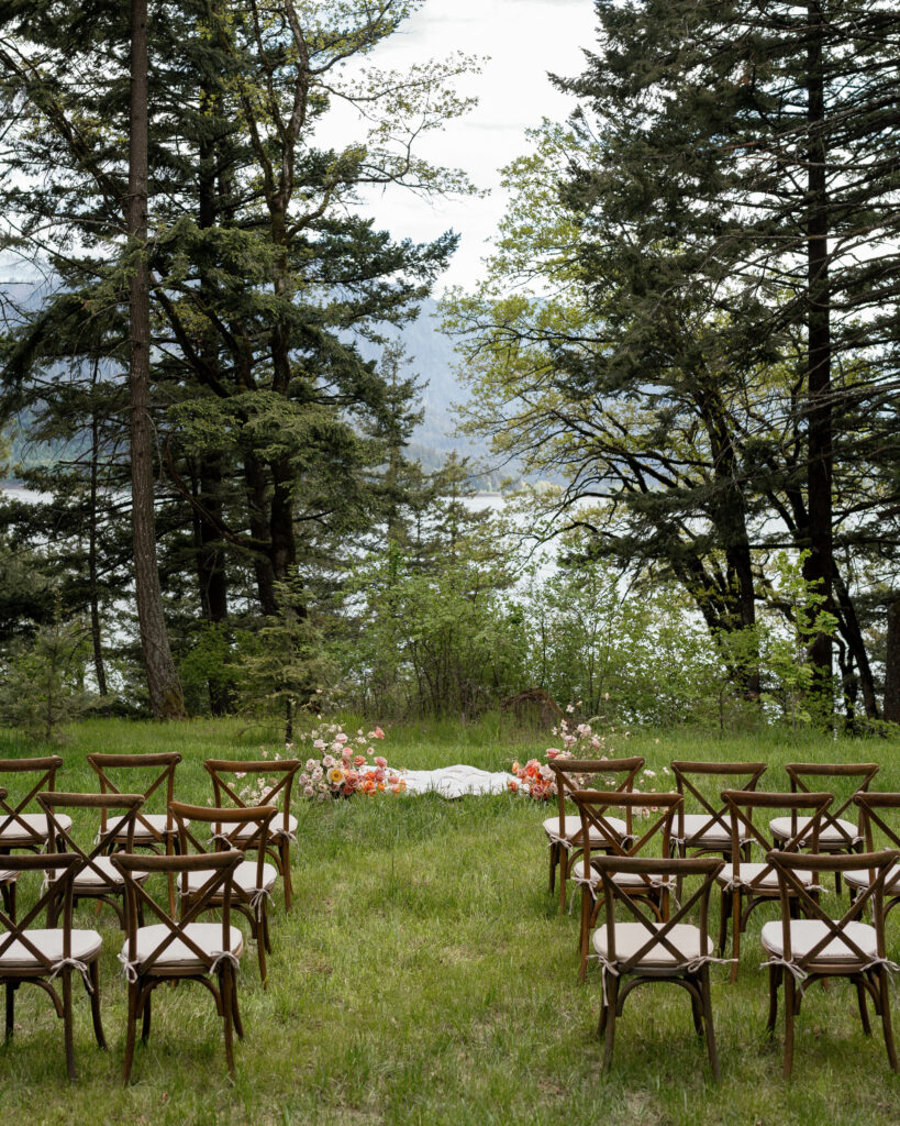 oregon micro wedding ceremony setup in the forest