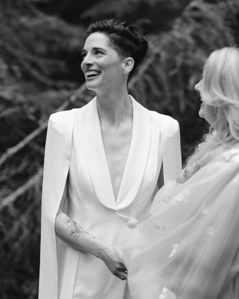 LGBTQ couple wedding portrait in black and white in bend oregon