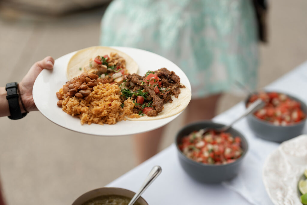 Casual wedding reception, taco bar by Fire Fare Food