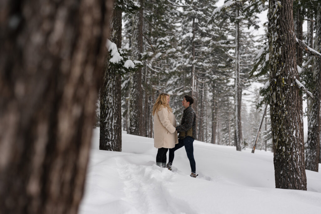 winter engagement photos in Bend Oregon, LGBTQ couple