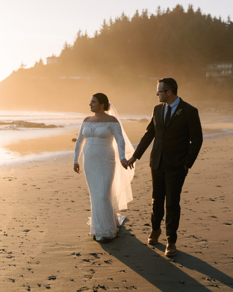 golden hour oregon coast sunset wedding portrait
