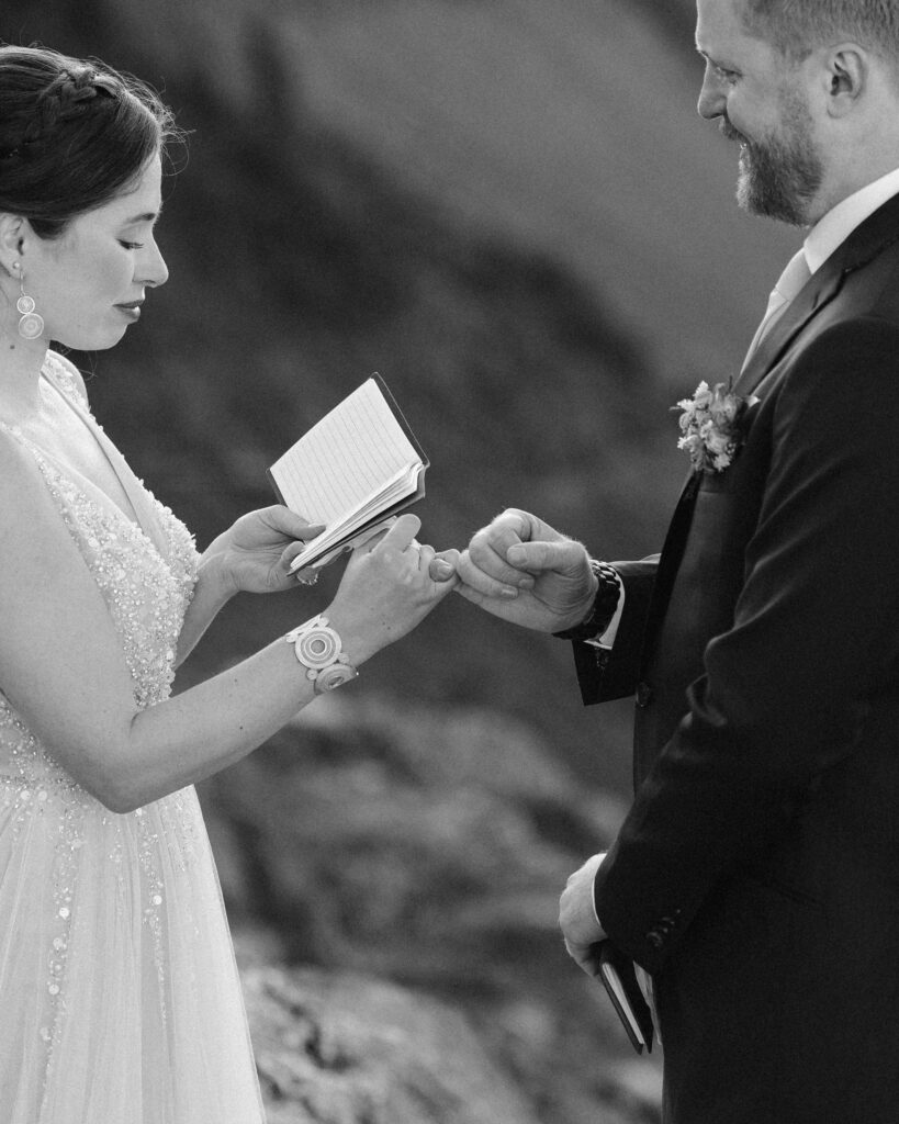 emotional elopement ceremony in black and white